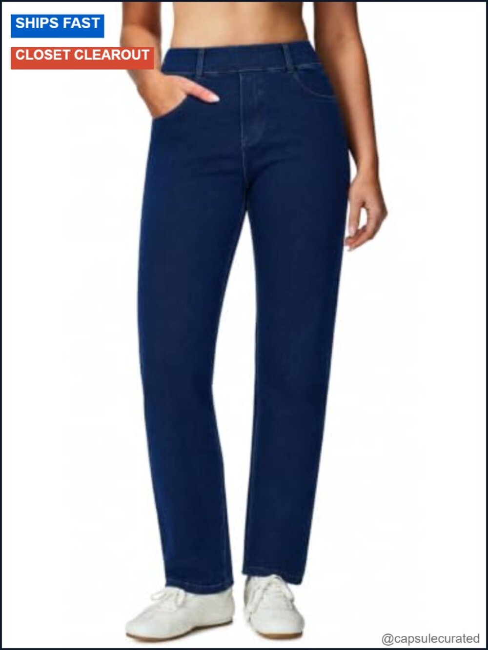 Women High Waisted Stretchy Pull On Straight Leg Jeans Denim Pants with Pockets